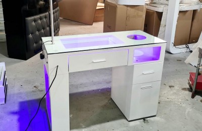 Glass white nail bar station UV lamp manicure salon beauty reception tables with storage drawers